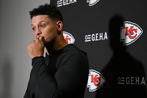 Kansas City Chiefs quarterback Patrick Mahomes speaks to the media after an NFL football game against the Jacksonville Jaguars, Monday, Oct. 6, 2025, in Jacksonville, Fla. (AP Photo/Phelan M. Ebenhack)