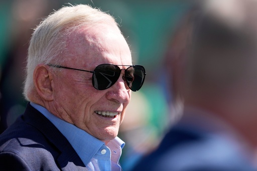 Dallas Cowboys owner Jerry Jones watches warm ups before an NFL football game against the New York Jets Sunday, Oct. 5, 2025, in East Rutherford, N.J. (AP Photo/Seth Wenig)