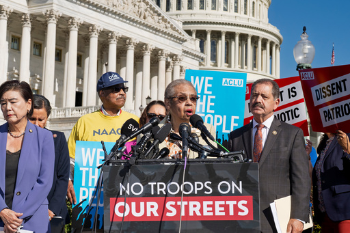 FILE - Del. Eleanor Holmes Norton, D-D.C., center, is joined by Rep. Judy Chu, D-Calif., far left, and Rep. Jesus Garcia, D-Ill., right, at a new conference opposing President Trump's deployment of National Guard troops and federal law enforcement officers to combat crime on the streets of Chicago, Baltimore, and other American cities, at the Capitol in Washington, Sept. 3, 2025. (AP Photo/J. Scott Applewhite, File)