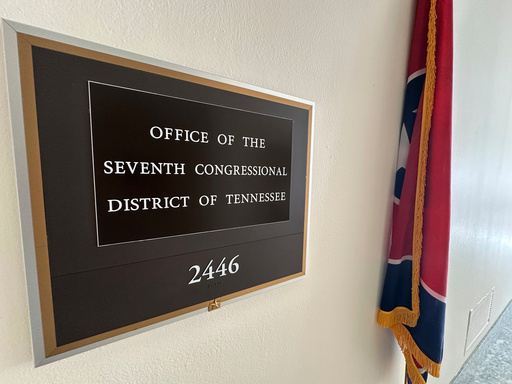 The state flag of Tennessee stands outside the office of Tennessee's 7th Congressional District in Washington, Sept. 2, 2025, which has a seat that became vacant following the resignation of Rep. Mark Green, R-Tenn. on July 20. (AP Photo/Robert Yoon)