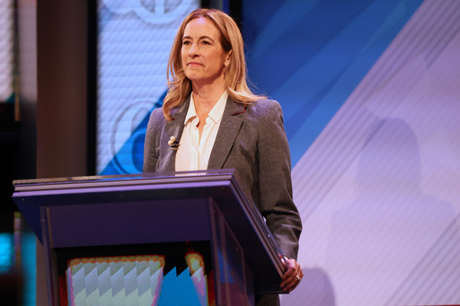 Democrat Mikie Sherrill participates in the final debate in the New Jersey governor's race with Republican Jack Ciattarelli, Wednesday, Oct. 8, 2025, in New Brunswick, N.J. (AP Photo/Heather Khalifa)