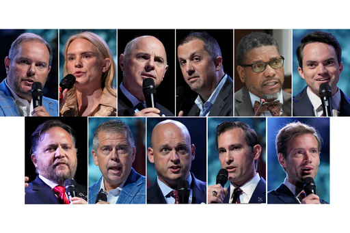 This combination photo of candidates to replace Republican Rep. Mark Green in a Tennessee special election for the U.S. Seventh Congressional District shows Republican Jody Barrett, from top left, Democrat Aftyn Behn, Republican Gino Bulso, Democrat Darden Copeland, Democrat Vincent Dixie, Republican Mason Foley, and bottom row from left, Republican Joe Leurs, Democrat Bo Mitchell and Republicans Lee Reeves, Matt Van Epps and Tres Wittum. (AP Photo)