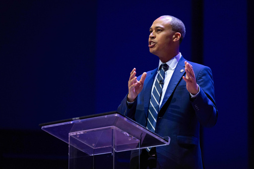 Democrat Jay Jones participates in the Virginia attorney general debate with Republican incumbent Jason Miyares in Richmond, Va., Thursday, Oct. 16, 2025. (Mike Kropf/Richmond Times-Dispatch via AP, Pool)