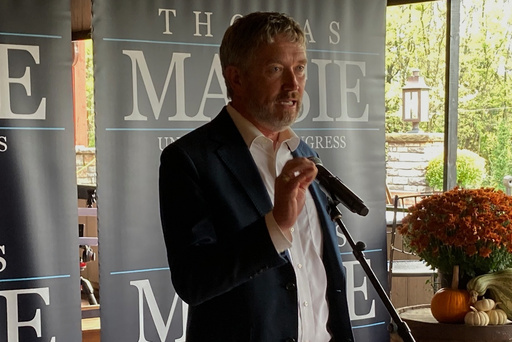 Republican U.S. Rep. Thomas Massie speaks to a crowd gathered in Shelbyville, Ky., on Thursday, Sept. 25, 2025. (AP Photo/Bruce Schreiner)