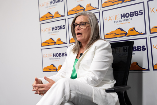 Democratic Arizona Gov. Katie Hobbs speaks during an interview with The Associated Press, Tuesday, Oct. 7, 2025, in Phoenix. (AP Photo/Samantha Chow)
