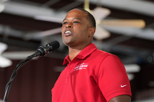FILE - Former Kentucky attorney general Daniel Cameron speaks at the annual Fancy Farm picnic, Aug. 2, 2025, in Fancy Farm, Ky. (AP Photo/Mark Humphrey, File)