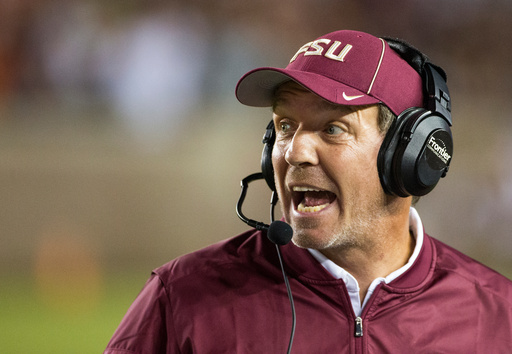FILE - In this Oct. 29, 2016, file photo, Florida State coach Jimbo Fisher shouts instructions during the team's NCAA college football game against Clemson in Tallahassee, Fla. (AP Photo/Mark Wallheiser, File)