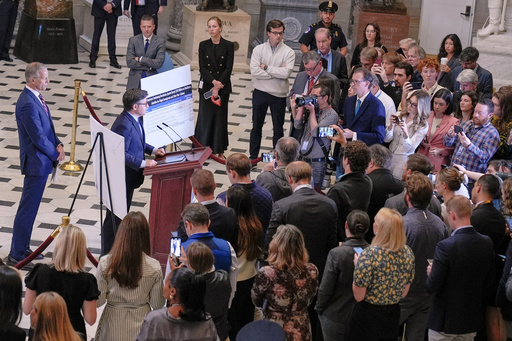Speaker of the House Mike Johnson, R-La. and Senate Majority Leader John Thune, R-S.D., speaks during a news conference on Capitol Hill, Friday, Oct. 3, 2025, in Washington. (AP Photo/Mariam Zuhaib)