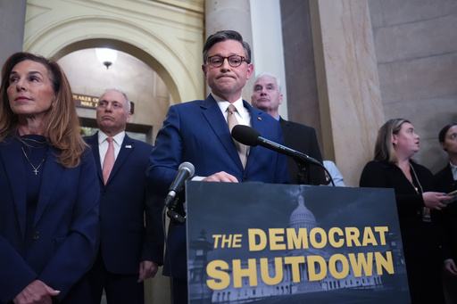 Speaker of the House Mike Johnson, R-La., and GOP leaders, from left, Rep. Lisa McClain, R-Mich., Majority Leader Steve Scalise, R-La., and Majority Whip Tom Emmer, R-Minn., speak during a news conference at the Capitol in Washington, Thursday, Oct. 2, 2025. (AP Photo/J. Scott Applewhite)