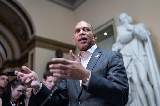 House Minority Leader Hakeem Jeffries, D-N.Y., meets with reporters near the closed House chamber on day 24 of the government shutdown, at the Capitol in Washington, Friday, Oct. 24, 2025. (AP Photo/J. Scott Applewhite)