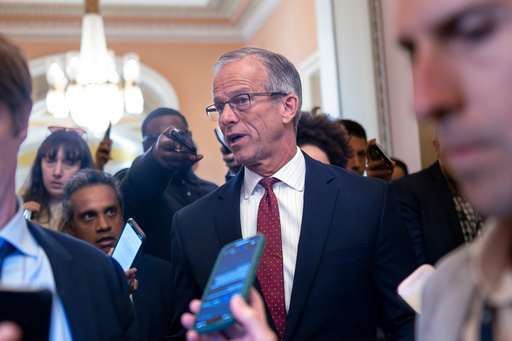 Senate Majority Leader John Thune, R-S.D., pauses in his office doorway to speak to reporters on day 20 of the government shutdown, at the Capitol in Washington, Monday, Oct. 20, 2025. (AP Photo/J. Scott Applewhite)