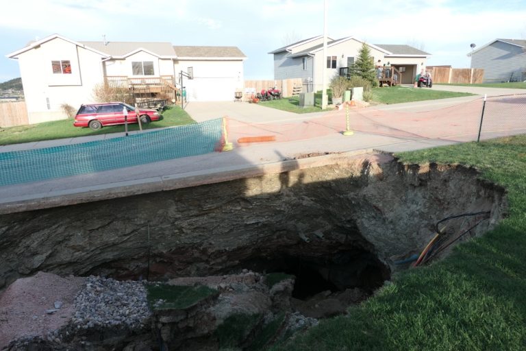 A spring 2020 view of a sinkhole in Black Hawk that opened near homes built atop a former gypsum mine. Courtesy of Dan Austin