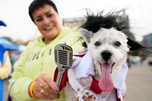 Michelle Dixon, of Laingsburg, holds her dog Abu, who is dressed as singer Elvis Presley, during an event for dog trick-or-treating, Friday, Oct. 17, 2025, in Lansing, Mich. (AP Photo/Ryan Sun)