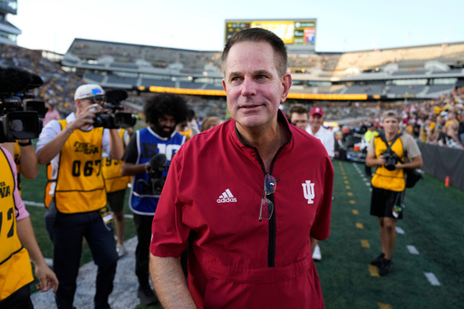 Indiana head coach Curt Cignetti walks off the field after an NCAA college football game against Iowa, Saturday, Sept. 27, 2025, in Iowa City, Iowa. (AP Photo/Charlie Neibergall)