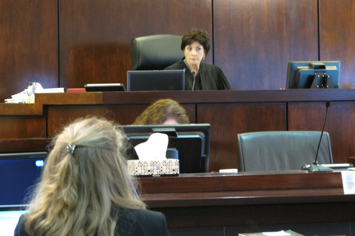 FILE - Circuit Judge Diane Goodstein presides over a trial in a lawsuit between the Diocese of South Carolina and the national Episcopal church on July 8, 2014, in St. George, S.C. (AP Photo/Jeffrey Collins, File)