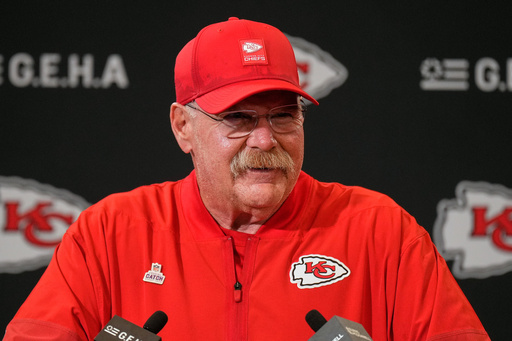Kansas City Chiefs head coach Andy Reid smiles during a news conference following an NFL football game against the Detroit Lions Sunday, Oct. 12, 2025, in Kansas City, Mo. (AP Photo/Charlie Riedel)