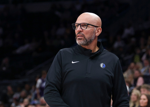 Dallas Mavericks Head Coach Jason Kidd looks on during the second half of a preseason NBA basketball game against the Utah Jazz, Monday, Oct. 13, 2025, in Salt Lake City. (AP Photo/Rob Gray)