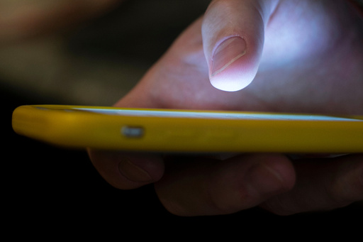 FILE - A man uses a cell phone in New Orleans on Aug. 11, 2019. (AP Photo/Jenny Kane, File)