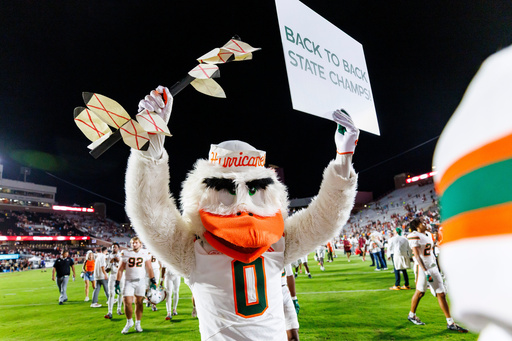 Miami mascot Sebastian the Ibis celebrates defeating Florida State in a NCAA college football game, Saturday, Oct. 4, 2025, in Tallahassee, Fla. (AP Photo/Colin Hackley)