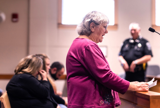 Peg Sweeney speaks to Eric Sweeney during Sweeney's sentencing hearing at Merrimack Superior Court in Concord, N.H., on Friday, Oct. 3, 2025. (Geoff Forester/ Concord Monitor via AP, Pool)