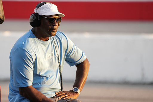 FILE - Team owner Michael Jordan looks on during a NASCAR Cup Series auto race at Darlington Raceway, Aug. 31, 2025, in Darlington, S.C. (AP Photo/Matt Kelley, File)