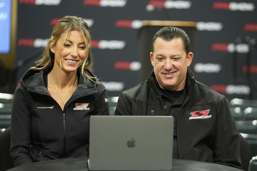 FILE - Leah Pruett and her husband Tony Stewart speak during a news conference, Thursday, Dec. 7, 2023, in Indianapolis. (AP Photo/Darron Cummings, File)