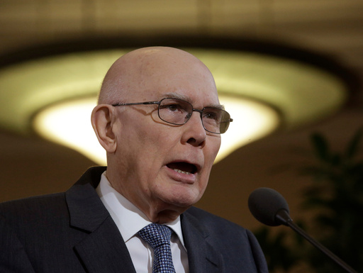 FILE - Elder Dallin H. Oaks of the Church's Quorum of the Twelve Apostles speaks during a news conference at the Conference Center, Jan. 27, 2015, in Salt Lake City. (AP Photo/Rick Bowmer, file)