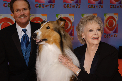 FILE - June Lockhart, right, who played the character of Ruth Martin, mother of Timmy Martin, played by Jon Provost, left, during the classic series "Lassie," poses for a photograph with Lassie, 9th generation, during arrivals at CBS's 75th anniversary celebration Sunday, Nov. 2, 2003, in New York. (AP Photo/Louis Lanzano, File)