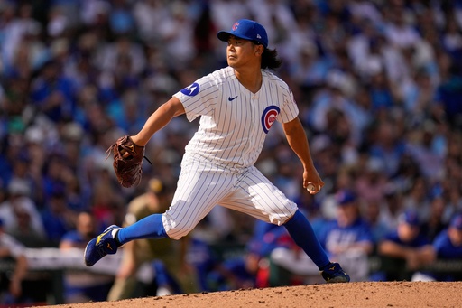 Chicago Cubs' Shota Imanaga throws during the third inning of Game 2 of a National League wild card baseball game against the San Diego Padres Wednesday, Oct. 1, 2025, in Chicago. (AP Photo/Erin Hooley)