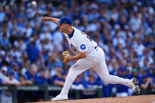Chicago Cubs' Jameson Taillon throws during the first inning of Game 3 of a National League wild card baseball game against the San Diego Padres Thursday, Oct. 2, 2025, in Chicago. (AP Photo/Nam Huh)