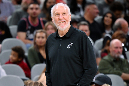 FILE - San Antonio Spurs head coach Gregg Popovich watches play during the second half of a preseason NBA basketball game against the Houston Rockets, Wednesday, Oct. 18, 2023, in San Antonio. (AP Photo/Darren Abate, File)