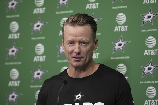 Dallas Stars head coach Glen Gulutzan responds to questions during a news conference at the NHL hockey team's headquarters, Wednesday, Sept. 17, 2025, in Frisco, Texas. (AP Photo/Tony Gutierrez)