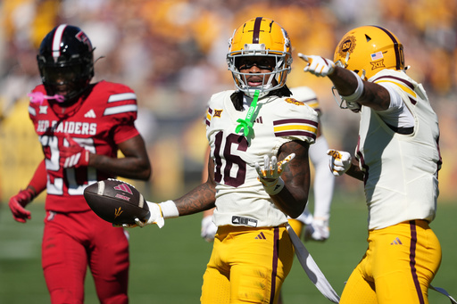 Arizona State wide receiver Jaren Hamilton (16) reacts after making a catch against Texas Tech in the first half of an NCAA college football game, Saturday, Oct. 18, 2025, in Tempe, Ariz. (AP Photo/Rick Scuteri)