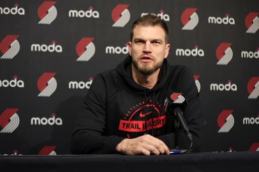 Portland Trail Blazers acting head coach Tiago Splitter speaks during a press conference before an NBA basketball game against the Golden State Warriors, Friday, Oct. 24, 2025, in Portland, Ore. (AP Photo/Amanda Loman)