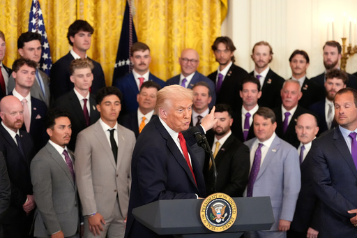 President Donald Trump speaks during an event to welcome the 2025 LSU and LSU-Shreveport national champion baseball teams in the East Room of the White House, Monday, Oct. 20, 2025, in Washington. (AP Photo/Alex Brandon)