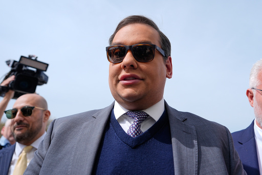 FILE - Former U.S. Rep. George Santos arrives at federal court for sentencing, April 25, 2025, in Central Islip, N.Y. (AP Photo/Julia Demaree Nikhinson, File)