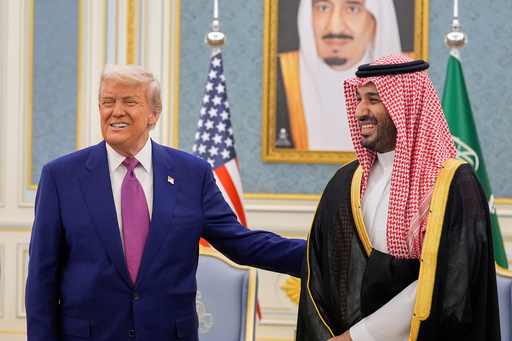 FILE - President Donald Trump and Saudi Crown Prince Mohammed bin Salman meet at the Royal Palace in Riyadh, Saudi Arabia, May 13, 2025. (AP Photo/Alex Brandon, File)