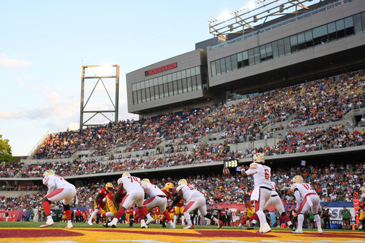 FILE - Birmingham Stallions quarterback J'Mar Smith, front right, collects the snap during the first half of a USFL football game against the Philadelphia Stars for the league championship, Sunday, July. 3, 2022, in Canton, Ohio. (AP Photo/David Dermer, File)