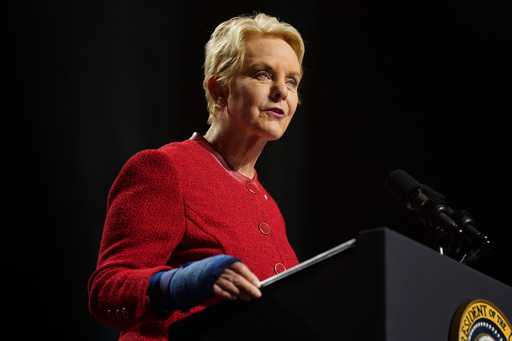 FILE - Cindy McCain, executive director of the World Food Programme and wife of the late Sen. John McCain, R-Ariz., speaks at the Tempe Center for the Arts, Sept. 28, 2023, in, Tempe, Ariz. (AP Photo/Evan Vucci, File)