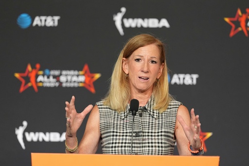 FILE - WNBA Commissioner Cathy Engelbert speaks during a news conference before the WNBA All-Star basketball game, Saturday, July 19, 2025, in Indianapolis. (AP Photo/Michael Conroy, File)