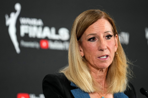 WNBA commissioner Cathy Engelbert speaks prior to Game 1 of a WNBA basketball final playoff series between the Las Vegas Aces and the Phoenix Mercury, Friday, Oct. 3, 2025, in Las Vegas. (AP Photo/John Locher)