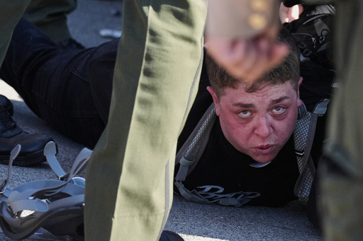 Illinois State police detain a protester outside an ICE processing facility in the Chicago suburb of Broadview, Ill., Friday, Nov. 14, 2025. (AP Photo/Nam Y. Huh)