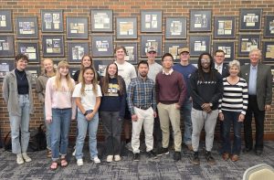 South Dakota Mines has welcomed a new class of standout students into the President’s Leadership Academy. Pictured, back row: Keira Gillespie, Olivia Ellstrom, Olivia Grinager, Chase Eitemiller, Ian Grinager, Connor Comer, President Brian Tande and Lorin Brass. Front row: Amanda Klabunde, Kira Danielson, Karlee Schenk, Linus Uy, Clive Uy, Anthony Wright and Mary Brass. Not pictured: Nathan Sattler, Kenneth Asiedu and David Robbins.