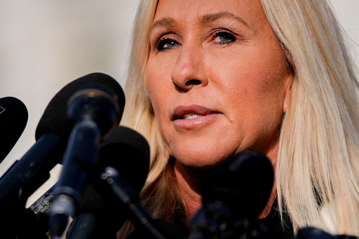 Rep. Marjorie Taylor Greene, R-Ga., speaks during a news conference on the Epstein Files Transparency Act, Tuesday, Nov. 18, 2025, outside the U.S. Capitol in Washington. (AP Photo/Julia Demaree Nikhinson)