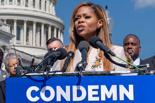 FILE - Rep. Sheila Cherfilus-McCormick, D-Fla., condemns hate speech and misinformation about Haitian immigrants during a news conference at the Capitol in Washington, Sept. 20, 2024. (AP Photo/J. Scott Applewhite, File)