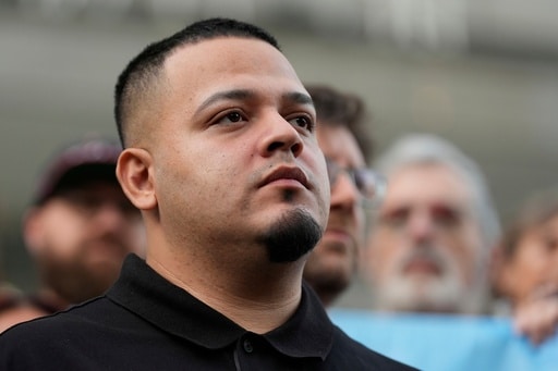 FILE - Kilmar Abrego Garcia attends a protest rally at the Immigration and Customs Enforcement field office in Baltimore, Monday, Aug. 25, 2025, to support Abrego Garcia. (AP Photo/Stephanie Scarbrough, File)
