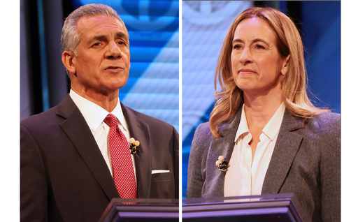 This combination photo shows candidates for governor of New Jersey Republican Jack Ciattarelli, left, and Democrat Mikie Sherrill during the final debate in governors race, Oct. 8, 2025, in New Brunswick, N.J. (AP Photos/Heather Khalifa)