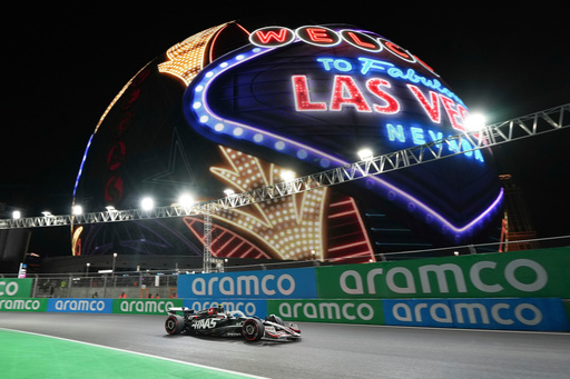 FILE- Haas driver Nico Hulkenberg, of Germany, runs a warm up lap during the F1 Las Vegas Grand Prix auto race, Saturday, Nov. 23, 2024, in Las Vegas. (AP Photo/Rick Scuteri, File,)