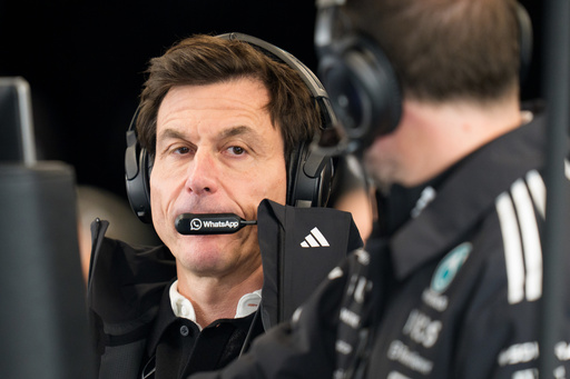 Toto Wolff, principal of Mercedes AMG Petronas F1 Team, watches during a practice session at the F1 Las Vegas Grand Prix auto race , Thursday, Nov. 20, 2025 in Las Vegas. (AP Photo/Nick Didlick)