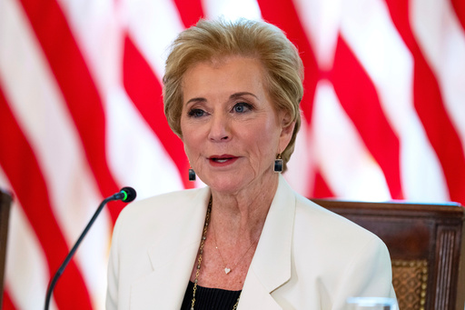 FILE - Education Secretary Linda McMahon speaks during a meeting in the East Room of the White House, Sept. 4, 2025, in Washington. (AP Photo/Alex Brandon, File)